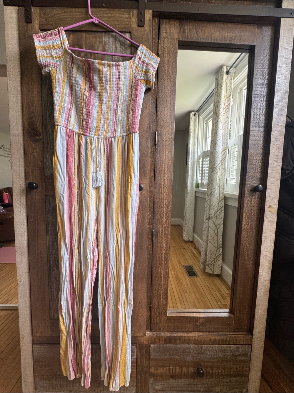 Xhilaration Multicolor Striped Off-Shoulder Jumpsuit with Tassel Waist